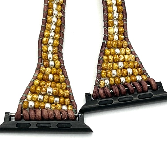 HAND CRAFTED Brown Beaded Leather Apple Watch Strap - Picture 3 of 6